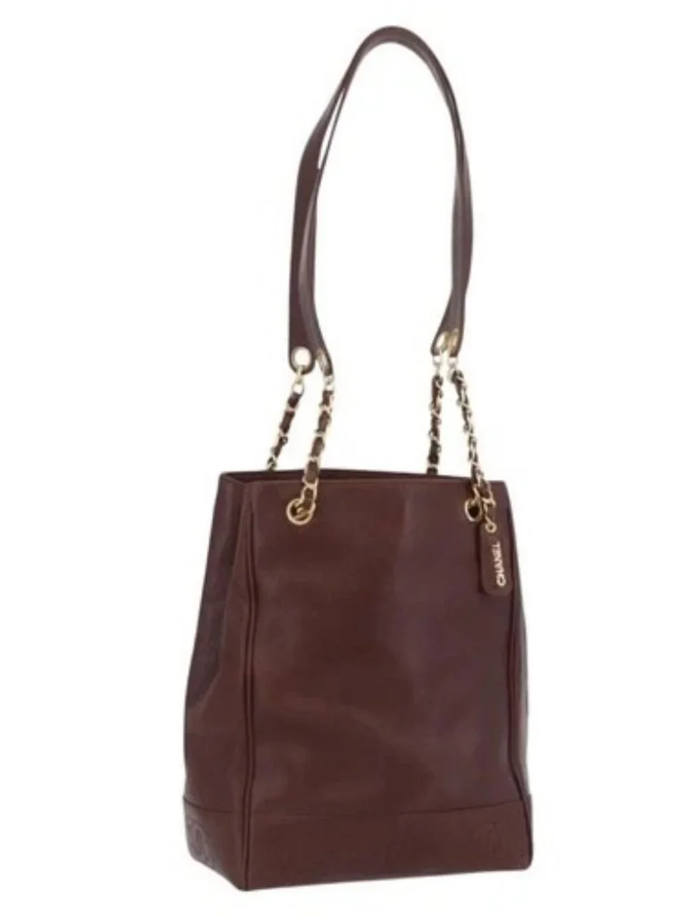 CHANEL Shoulder Bag Grained Calf Skin Brown Gold CC Auth bs33895